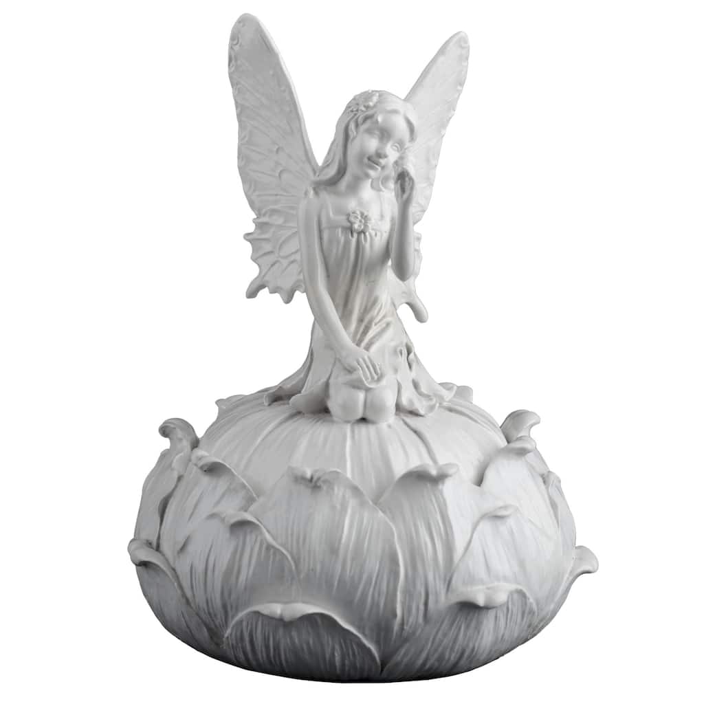 Charis 6.10" height Fairy Picking Flower Trinket Box(White) Poly Resin