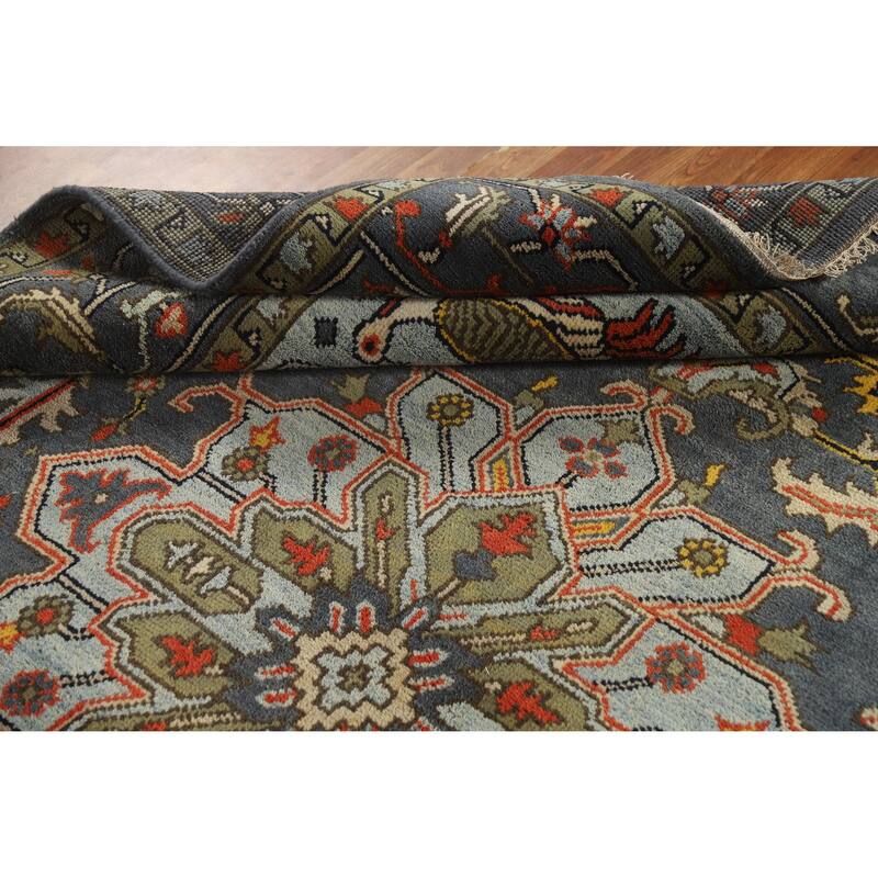 Slate Medallion Heriz Serapi Indian Area Rug Hand-Knotted Wool Carpet - 8'0" x 9'9"