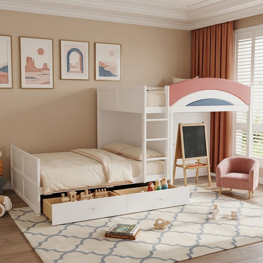 Full Size Offset Bunk Bed with Wardrobe, Underbed Drawers and Tri-Color Padded Guardrail by Harper&Bright Designs