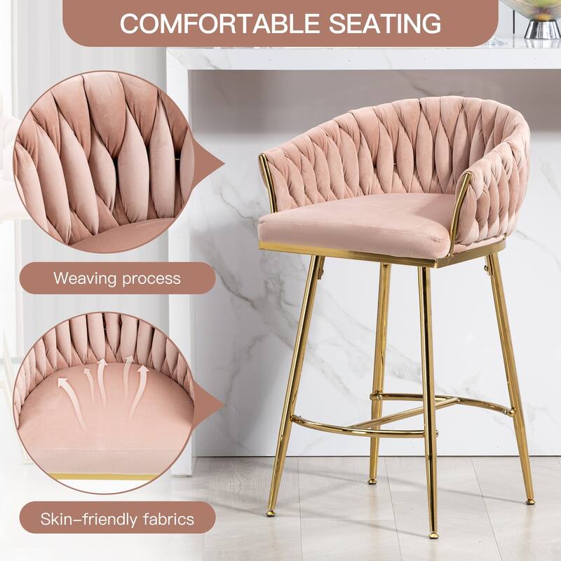 26''Counter Height Bar Stools w/Velvet Upholstery and Golden Chromed Base（Set of 2） - N/A