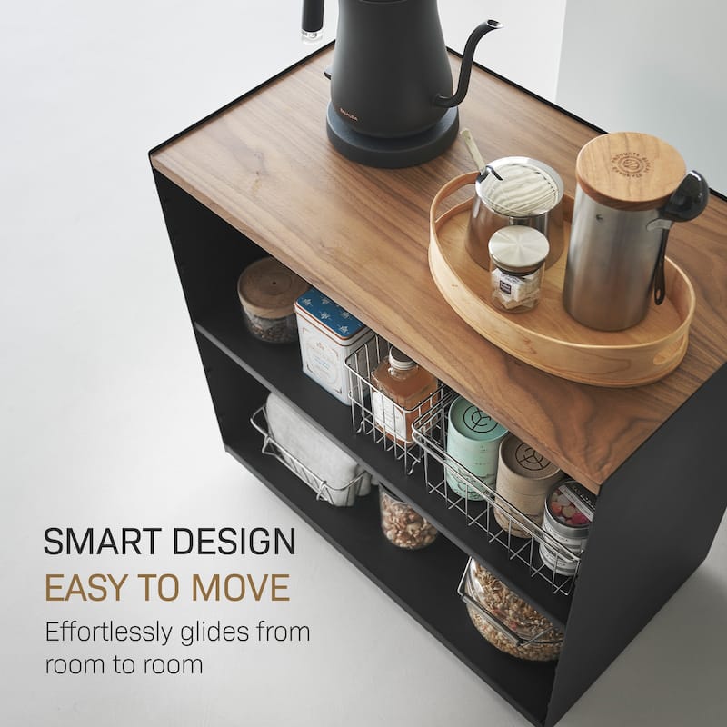 Yamazaki Home Mobile Hideaway Storage Cart, Steel and Wood, Wheels - L 13.9 x W 23.74 x H 23.23 inches