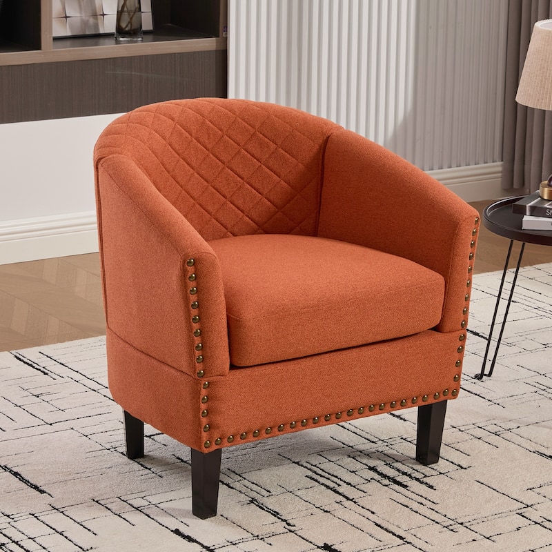 HOMEFUN Leather Upholstered Nailhead Wooden Frame Barrel Club Chair with Solid Woood Legs - Orange-Polyester