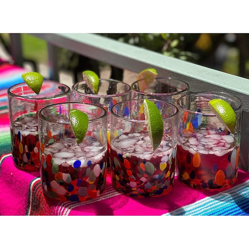 Dos Suenos Hand Blown Mexican Drinking Glasses - Set of 6 Confetti Carmen Tumbler Glasses (10 oz each)