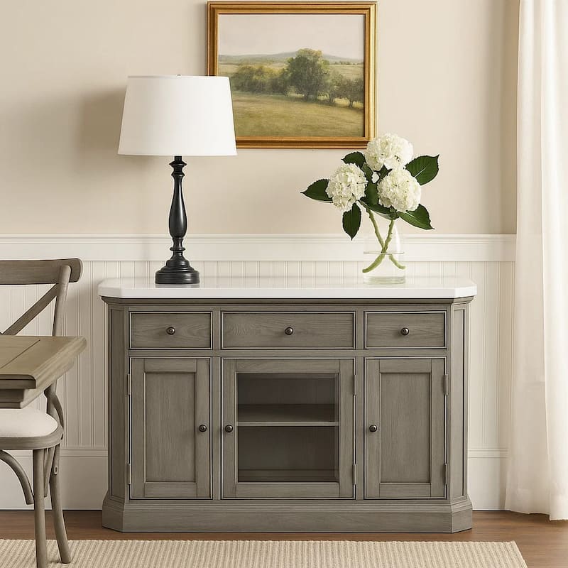 Server with Faux Marble Top and 3 Drawers, White and Brown