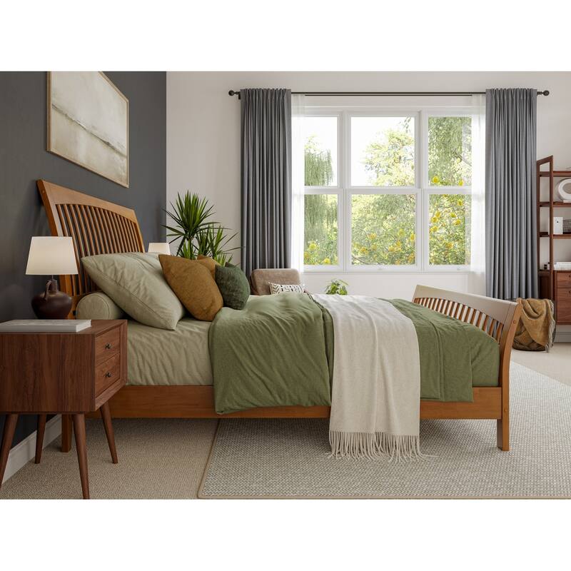 King Solid Wood Platform Bed - Low Profile Design with Footboard & Sleigh Headboard - Light Toffee Finish