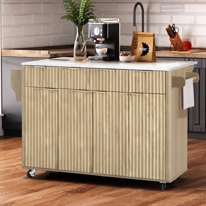 Fluted 55.5" Kitchen Island with Drop Leaf, Rolling Island Table with Drawers, Power Outlet for Functional Kitchen Organization - Natural
