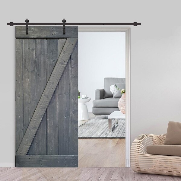30 in x 84 in Gray Stained Z Bar Wood Barn Door with ...