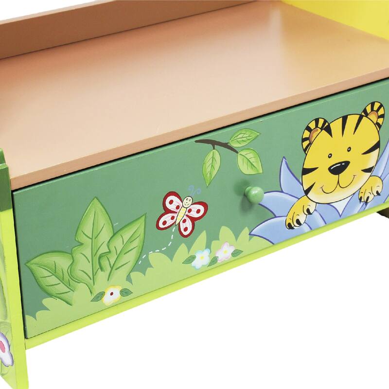 Fantasy Fields Sunny Safari Kids 3-Tier Bookshelf with Storage Drawer, Animal-Themed Wooden Bookcase for Toddlers and Children