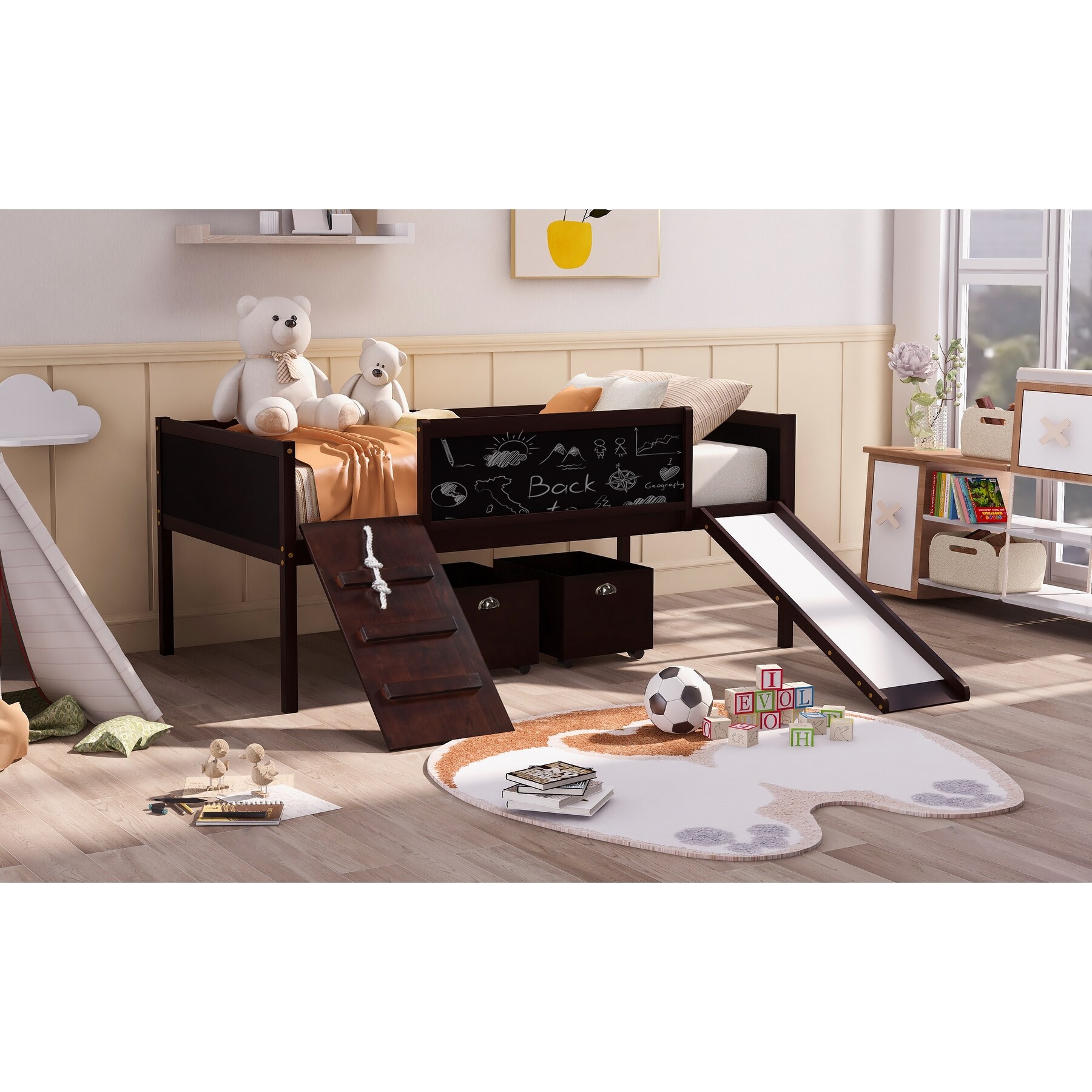 Twin Size Loft Bed Wood Bed with Two Storage Boxes and Double