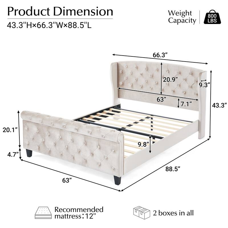 Christopher Knight Home - Amara Traditional Velvet Upholstered Sleigh Bed with Wingback Headboard & Scroll Footboard, Queen Size