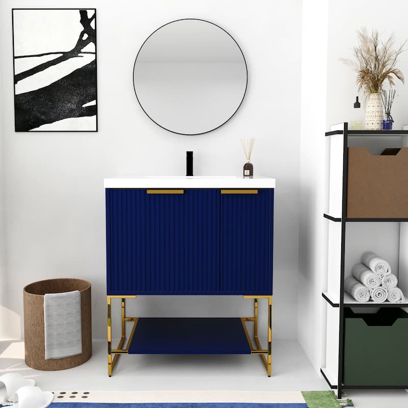 Bathroom Vanity With Sink In 24/30 Inch, Freestanding Bathroom Vanity With Soft Close Door & Drawer and Open Shelf - 29.5"W x 18.1"D x 35"H - Navy Blue