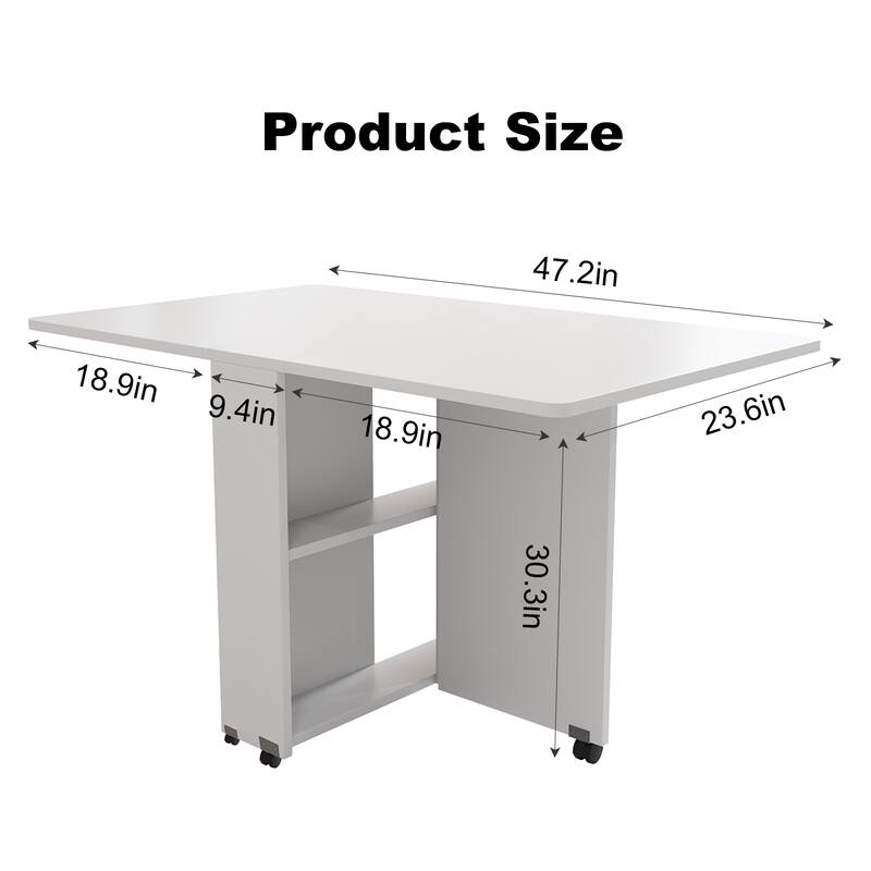Space-Saving Drop-Leaf Table‌ – 47.2"L x 23.6"W x 30.3"H, White Finish With 6 Wheels & 2-Tier Storage Shelf (Foldable Design)