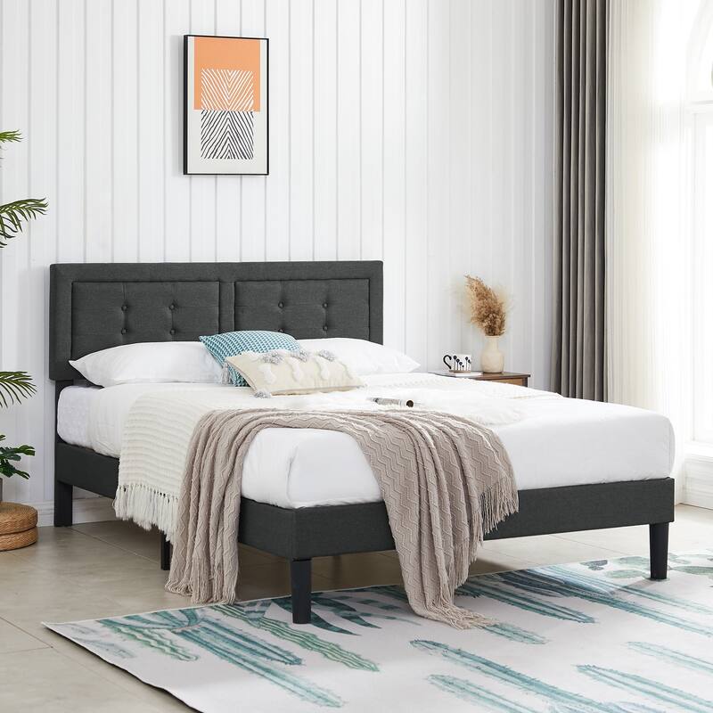 VECELO Bed Frame with Adjustable Headboard, Upholstered Button Tufted Platform Bedframe with Wood Slats Support