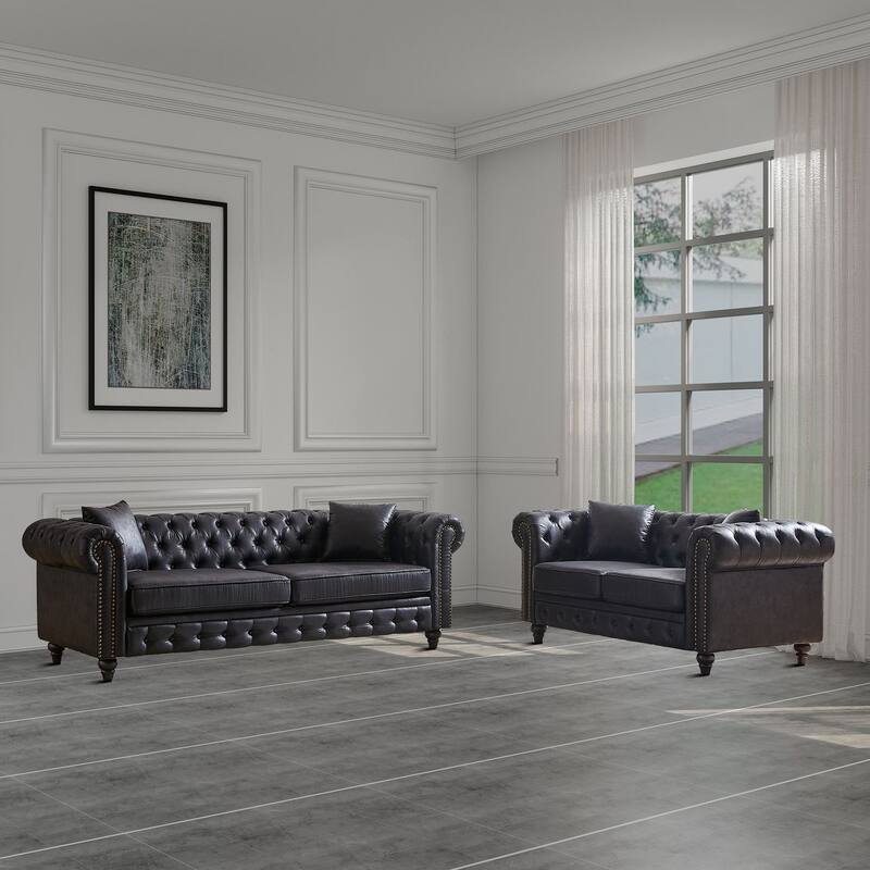 Mid-century retro style 2-piece sofa set for living room mall parlor - Black 3 Seater Sofa+Black 2 Seater Sofa