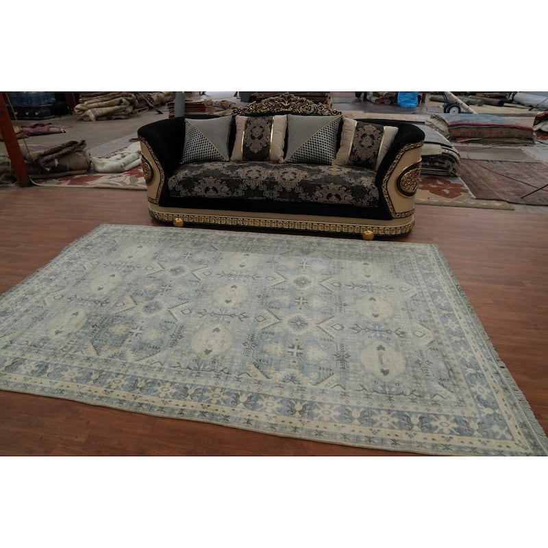 Hand-knotted Transitional Silk Carpet Grey Oushak Rug Geometric Oriental Area Rug - 9' 9'' X 6' 6''