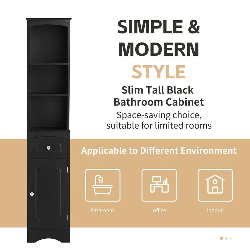 Bathroom Storage Cabinet with Drawer, Open Shelves and Adjustable Shelf, Tall Cabinet with Curved Line Top and Bottom Pane