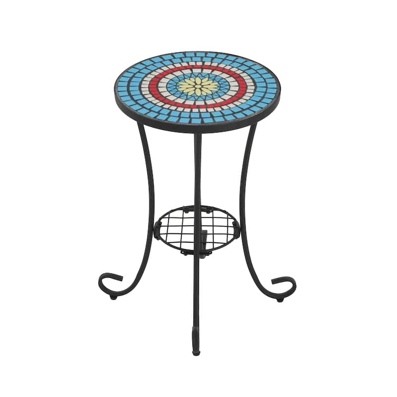 Roomfitters Outdoor Patio Side Table with Ceramic Tile Top and Lower Shelf, Floral