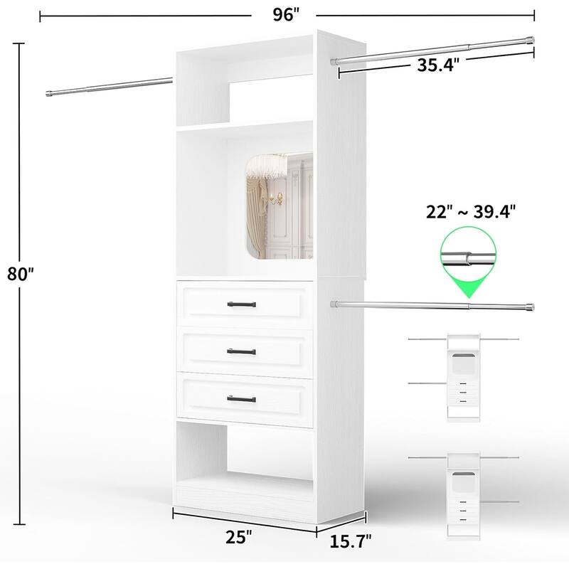 New Style 48"-96” Wide Closet System with Mirror, Sturdy Walk-in Closet Organizer with Drawers and 3 Extendable Hanging Rods