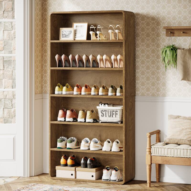 71" Shoe Storage Cabinet, 6-Tier Wooden Vertical Shoe Rack Organizer with Open Shelf for Entryway, Living Room