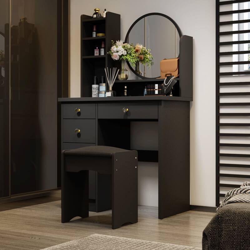 Makeup Vanity Set Dresser w/Mirror Stool 5 Drawers - White/Pink/Black - 31.5"L x 15.7"W x 52"H - Black