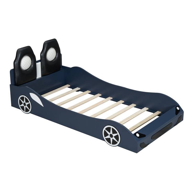 Wood Twin Size Race Car-Shaped Platform Bed With Led And Upholstered Backrest