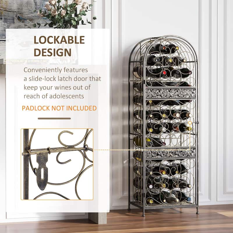 HOMCOM 45 Bottle Wrought Iron Wine Rack Jail with Lock - Antique Bronze - 17.5*14.25*52