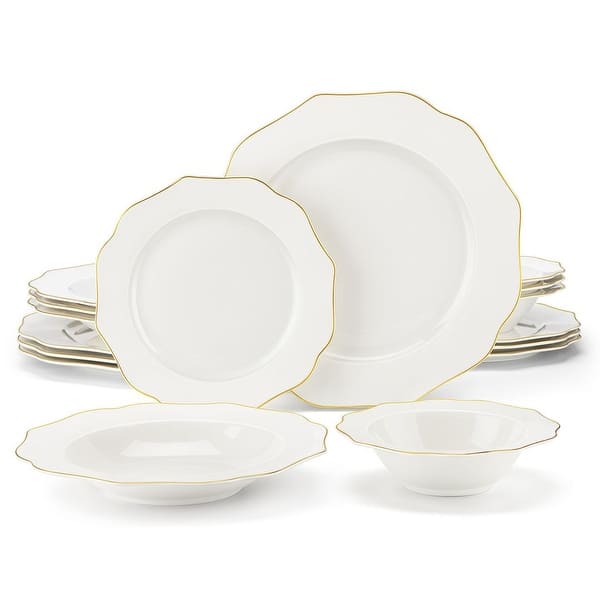 MALACASA 16-Piece New Bone China Dinnerware Set, Service for 4 - Gold Trim - Daisy