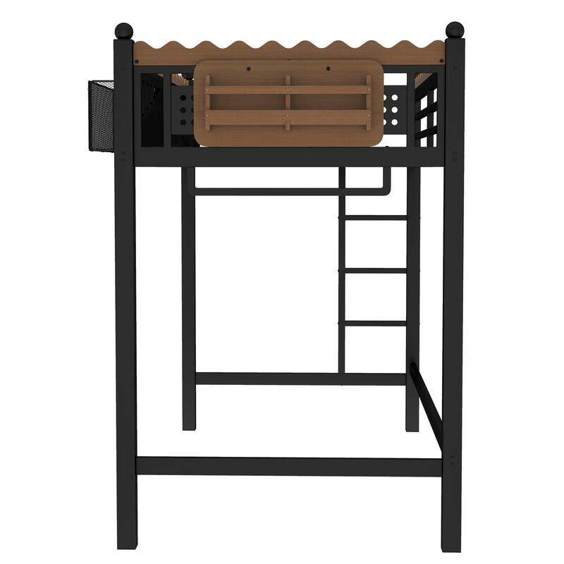 Modern Metal Loft Bed with Shelves & Bookshelf, Ladder Entry, No Box Spring Needed, Multi-Size