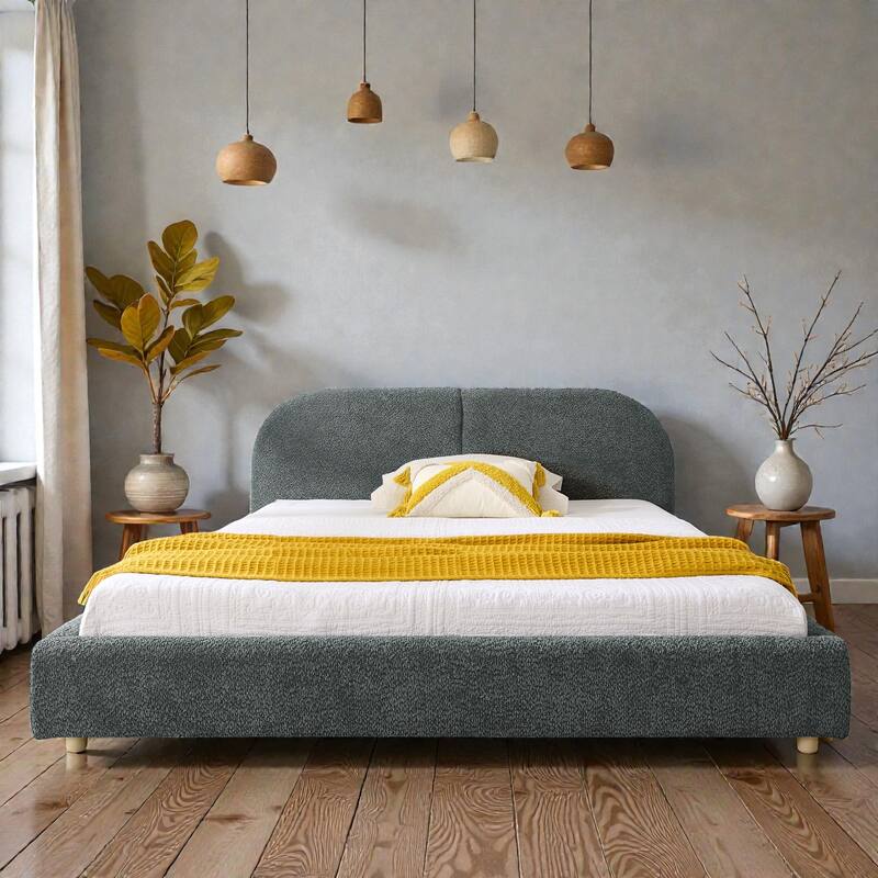 Upholstered Bed Frame with Tall Curved Headboard, Premium Circle Yarn Fabric, Modern Minimalist Platform Bed