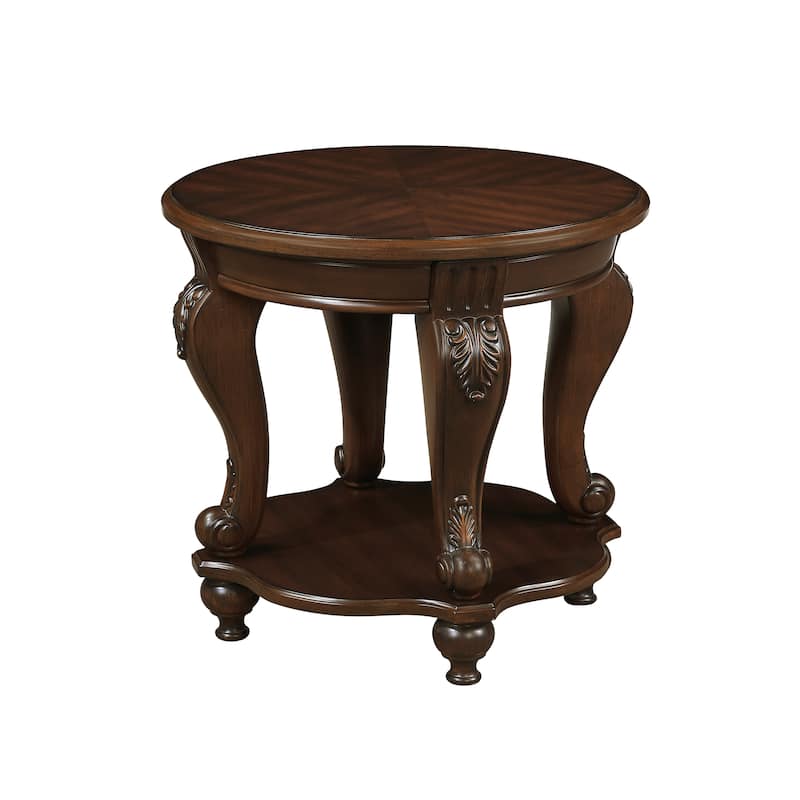 22'' Retro Round End Table,Solid Wood Sofa Side Table with Shelf,Living Room Corner Table Easy Assemble,Cherry