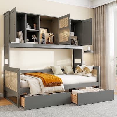 Twin Size Wooden Daybed with 2 Drawers, All-in-One Cabinet & Shelf,Gray