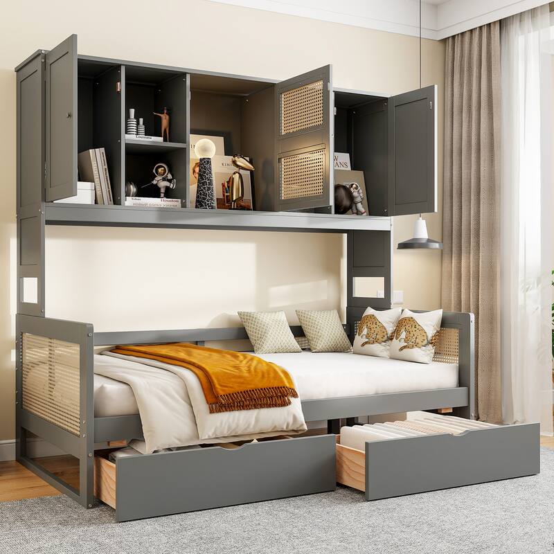 Twin Size Wooden Daybed with 2 Drawers and Built-in Cabinet, Modern Design and Flexible Storage, Sofa Bed Frame for Bedroom