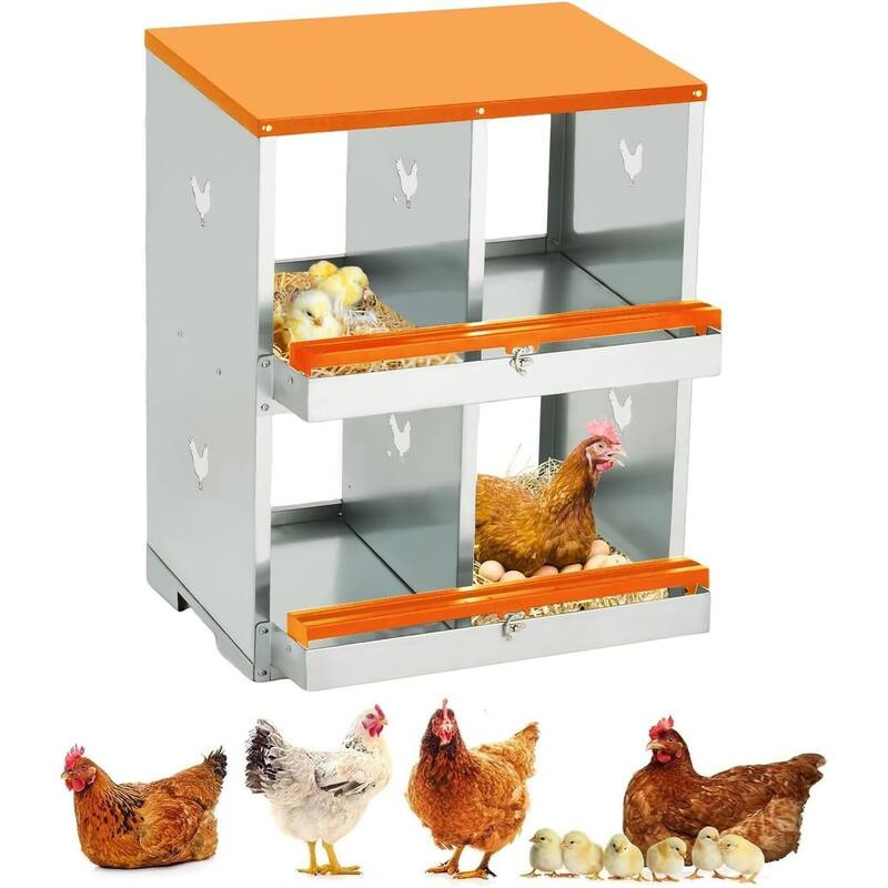 Wall-Mount or Free-Standing Metal Chicken Nesting Box for Hens, Orange - Orange 4 Compartments