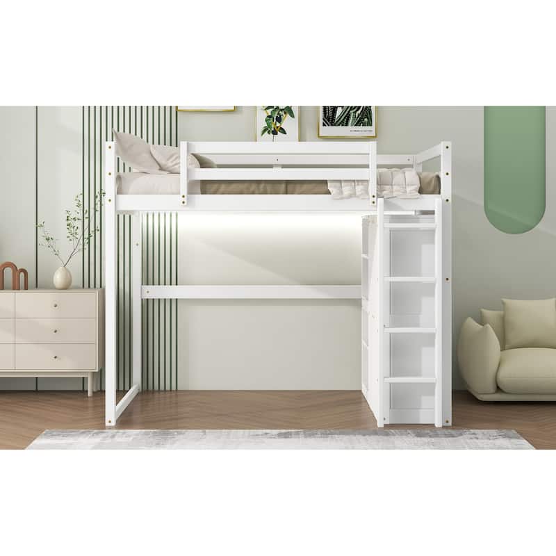 Full Wood Loft Bed with Wardrobe & Storage Shelves
