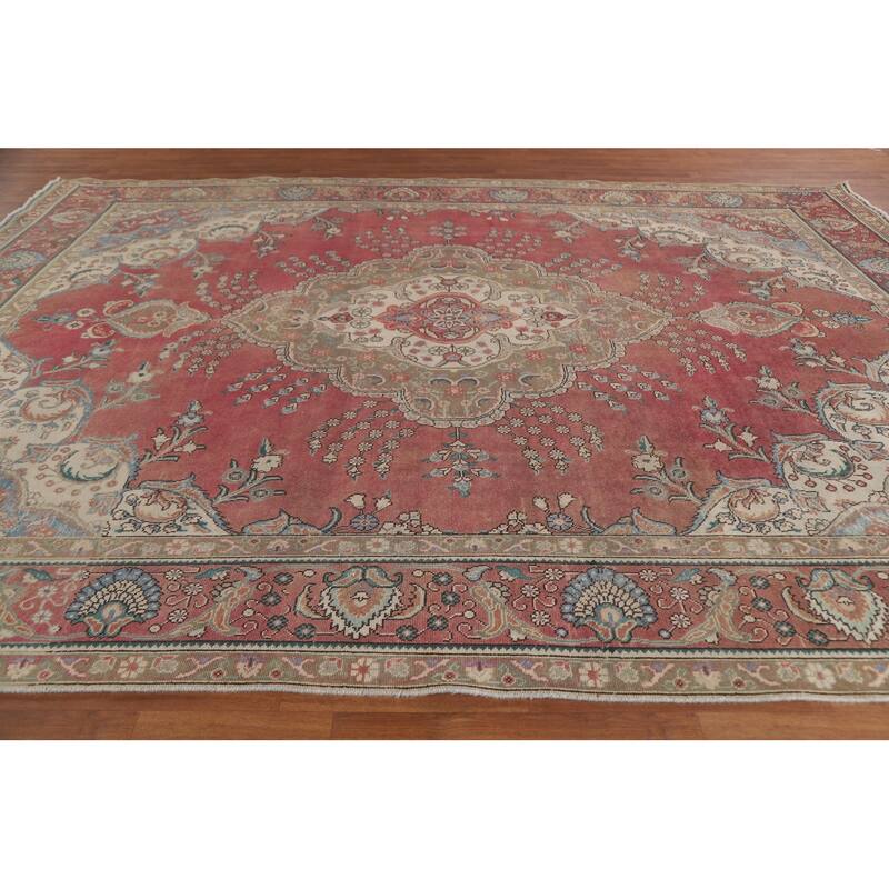 Hand Knotted Oriental 100% Wool Carpet Traditional Floral Pink Tabriz Area Rug - 12' 10'' X 9' 7''