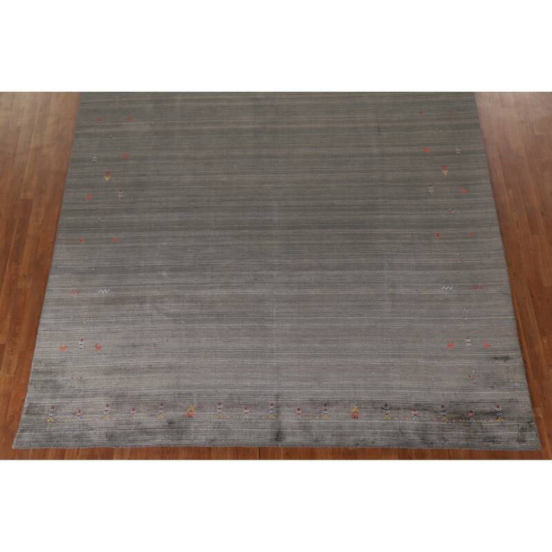 Striped Green Gabbeh Area Rug Hand-Knotted Wool Carpet - 8'10"x 11'8"