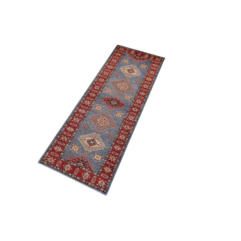 Caucasian Super Kazak Kiara Light Blue/Red Hand Knotted Wool Runner - 2'11'' x 9'8''