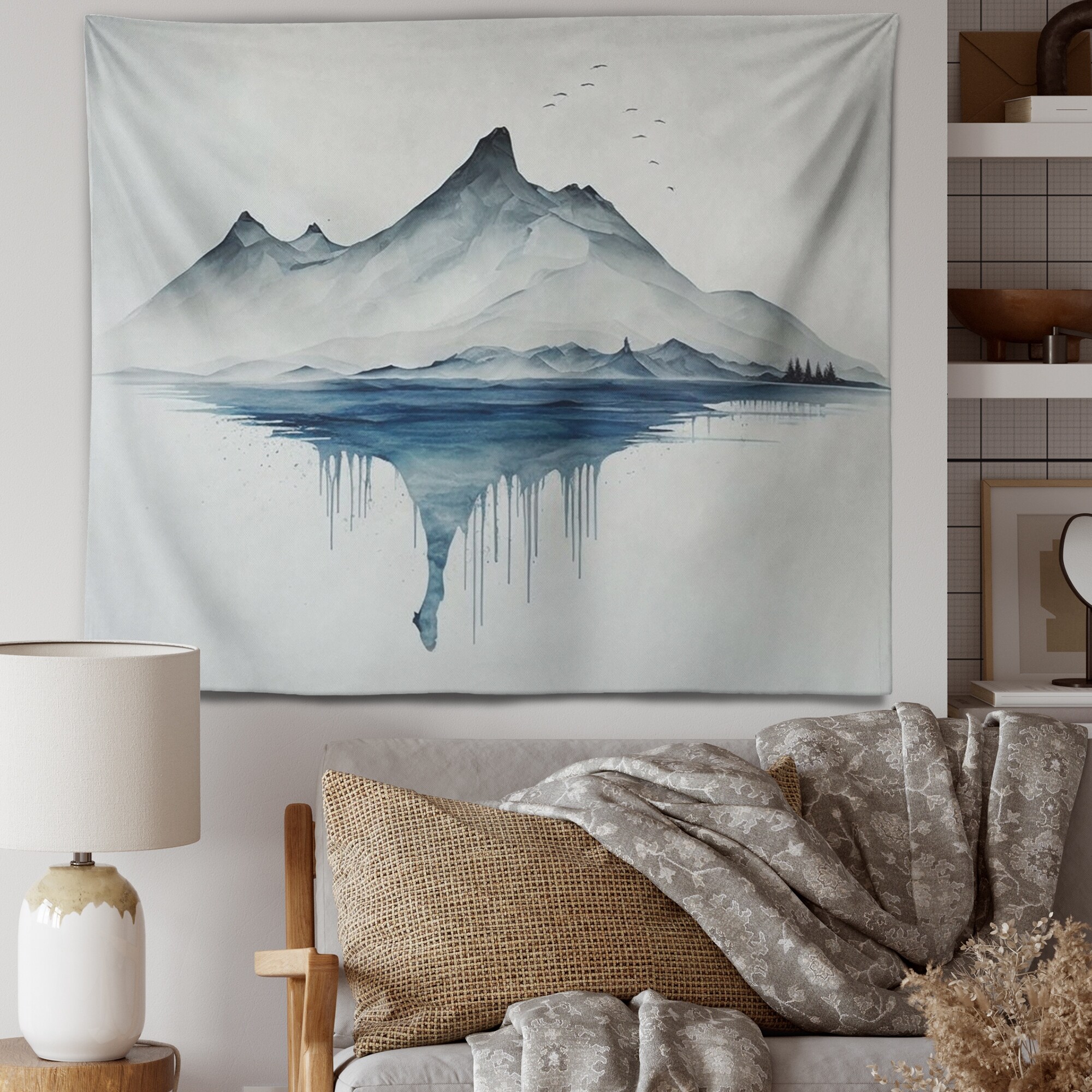 Designart Blue And Grey Mountain Lake Reflection I Landscape Mountains Wall Tapestry Bed Bath Beyond 37871297