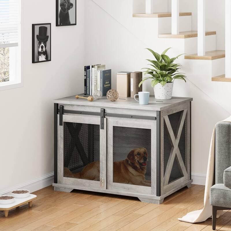 Rustic Dog Crate Furniture with Sliding Barn Door