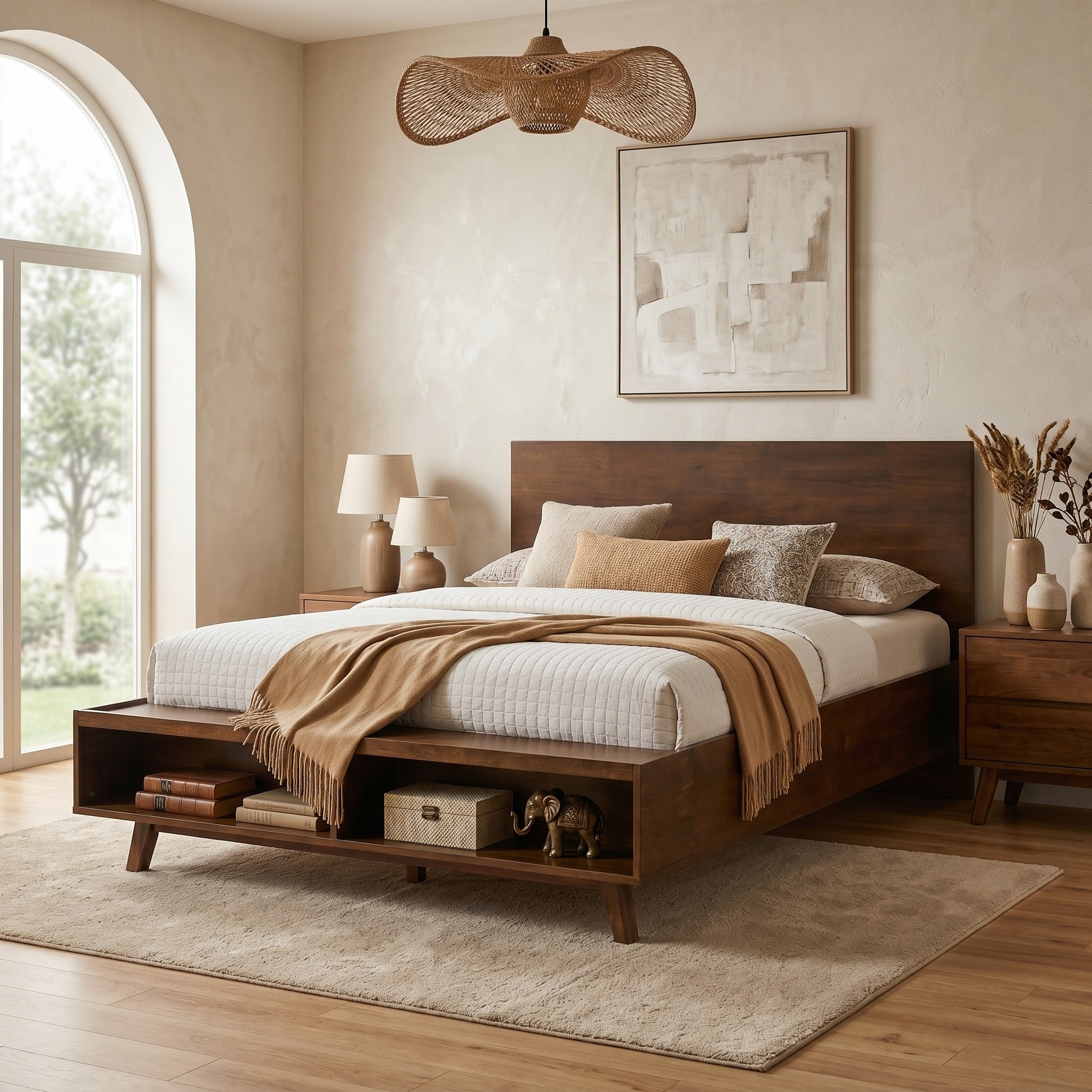 Christopher Knight Home - Walnut Platform Bed Frame with Footboard Storage and Wooden Slat Support