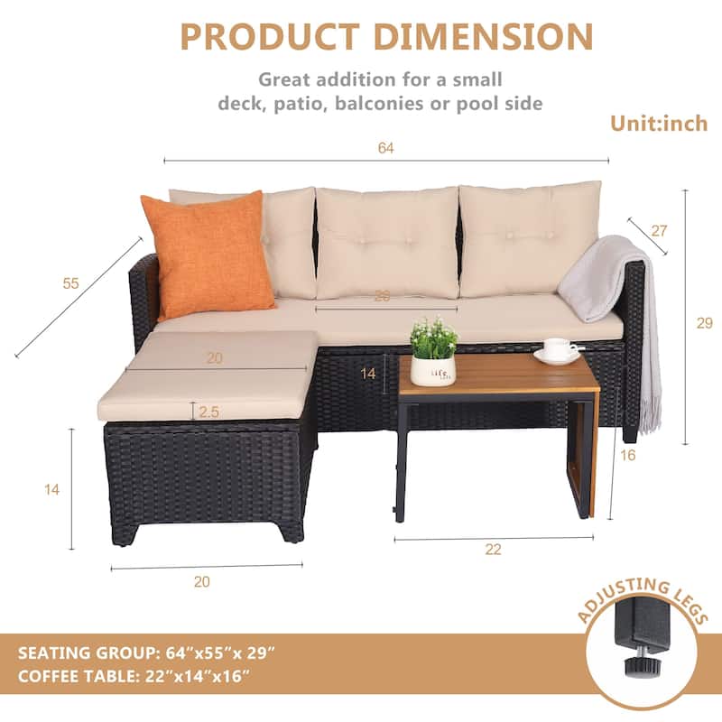 Wicker Patio Furniture Sets - 3 Piece Rattan Outdoor Sectional Sofa Set