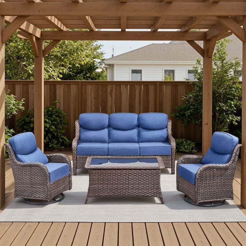Arcadia 4-Piece Wicker Outdoor Patio Conversation Set with Swivel Gliders and 6-Inch Thick Olefin Cushions - Navy Blue Cushions - Brown Wicker
