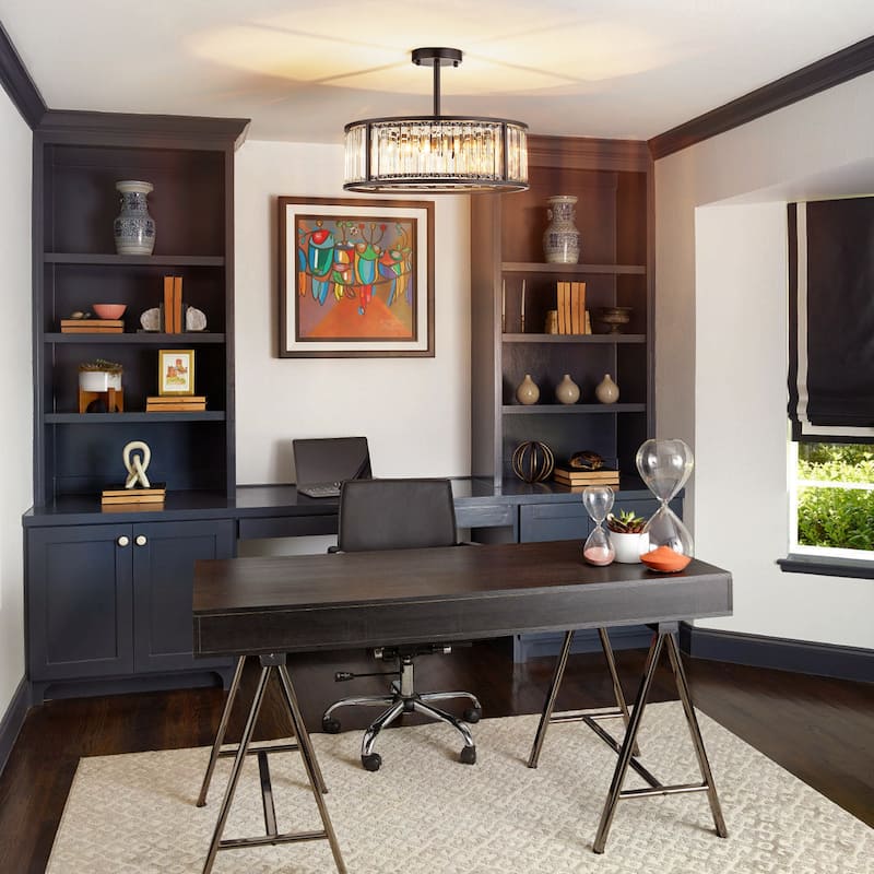 4-Light Mid-Century Modern Black Drum Crystal Semi-Flush Mount Light - 16.9 in. W x 5.7 in. H