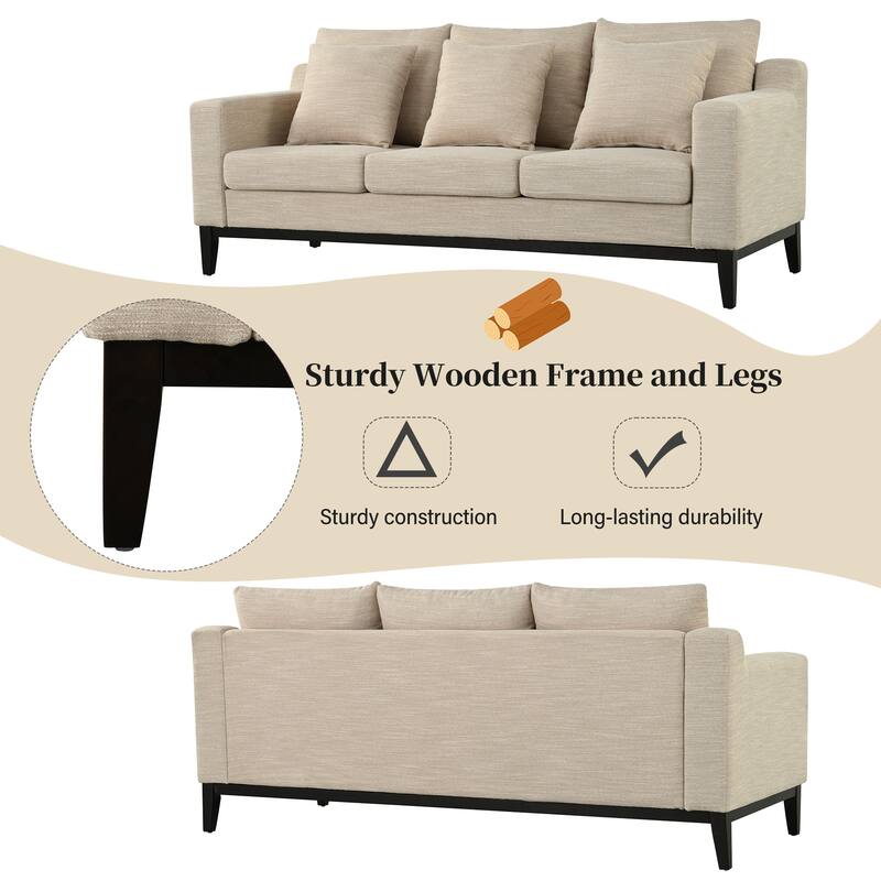3-seat Beige Polyester Sofa with Wooden Legs for Living Room and Study