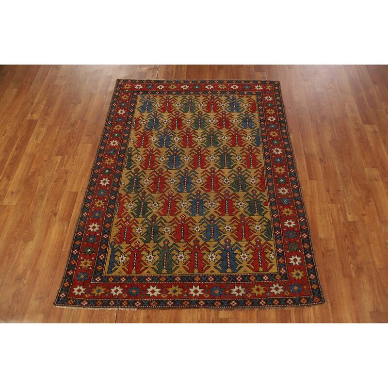 Hand Knotted Oriental 100% Wool Carpet Traditional All-Over Yellow & Gold Kazak Area Rug - 5' 1'' X 3' 11''