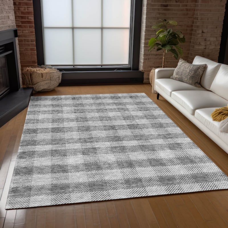 Machine Washable Indoor/ Outdoor Chantille Plaid Stripe Rug