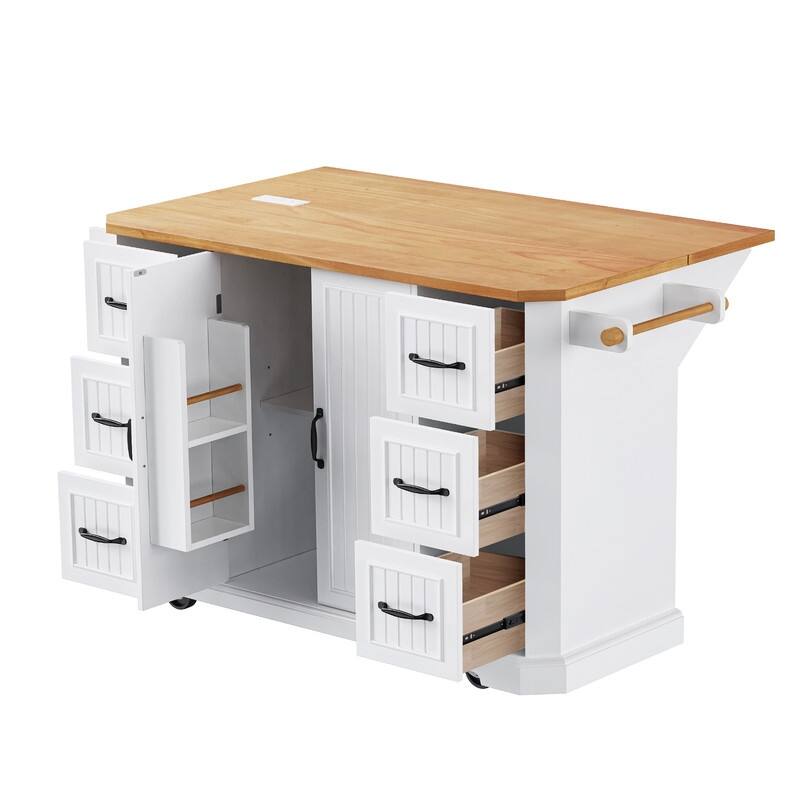 Kitchen Island with Drop Leaf,Features Power Outlet and Ample Storage