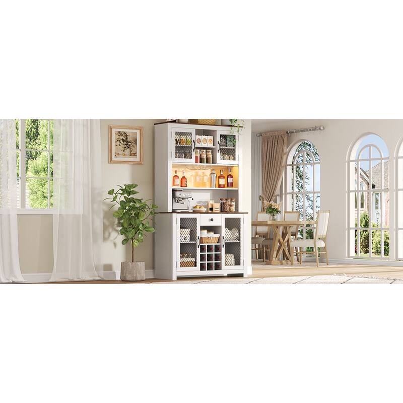 Kitchen Pantry Cabinet with LED Light, Built-in Power & USB Outlets, Kitchen Hutch Cabinet with Doors, Wine Rack & Shelves