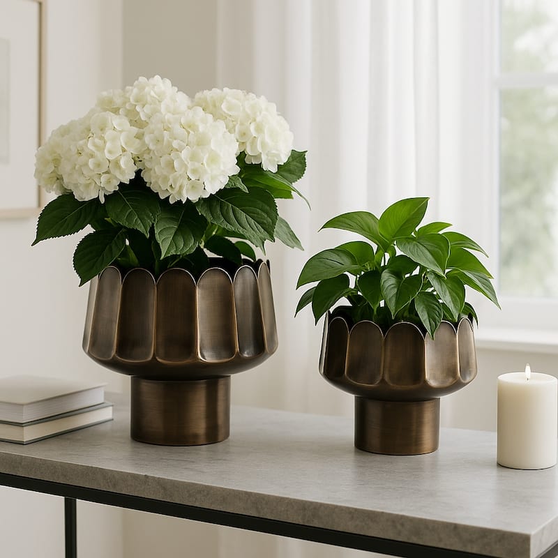 Metal Planter Scalloped Edge Design Decor (Set of 2) - 11", 8" Gold - 12" x 12" x 11"