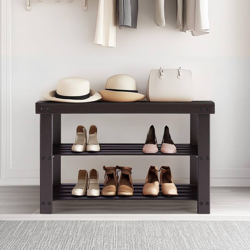 Rossetta 3-Tier Solid Natural Bamboo Compact Storage Shoe Rack Bench, Straightforward Assembly